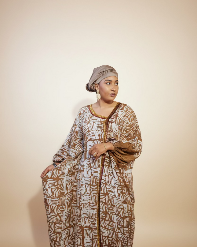 Boubou adire crêpe au bandeau - Marron
