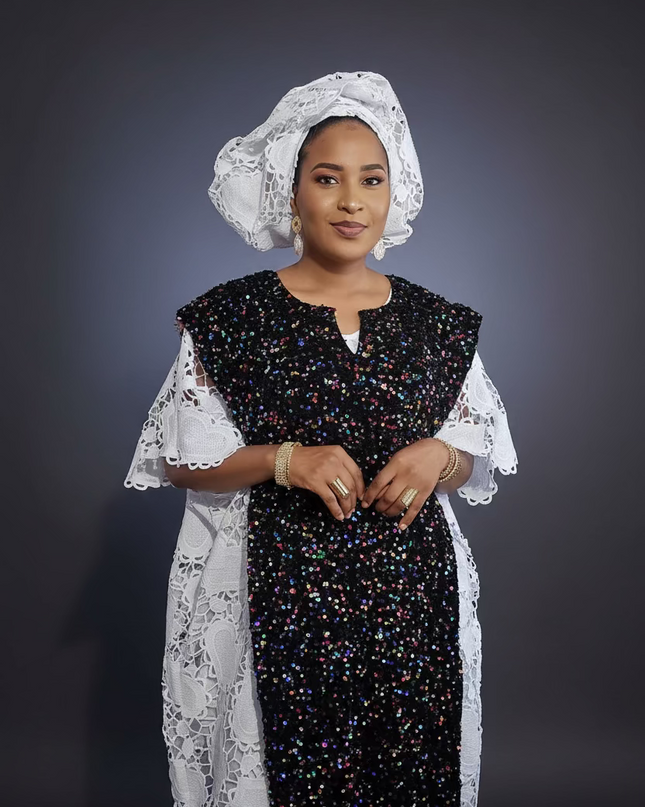 Robe africaine dentelle velours pailleté  - Blanc