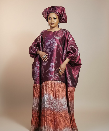 Boubou brocart plissé  - Bordeaux orange