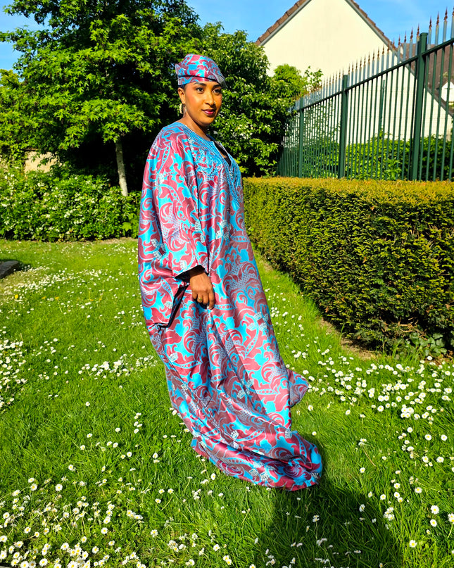 Boubou damask brodé - Bleu rouge