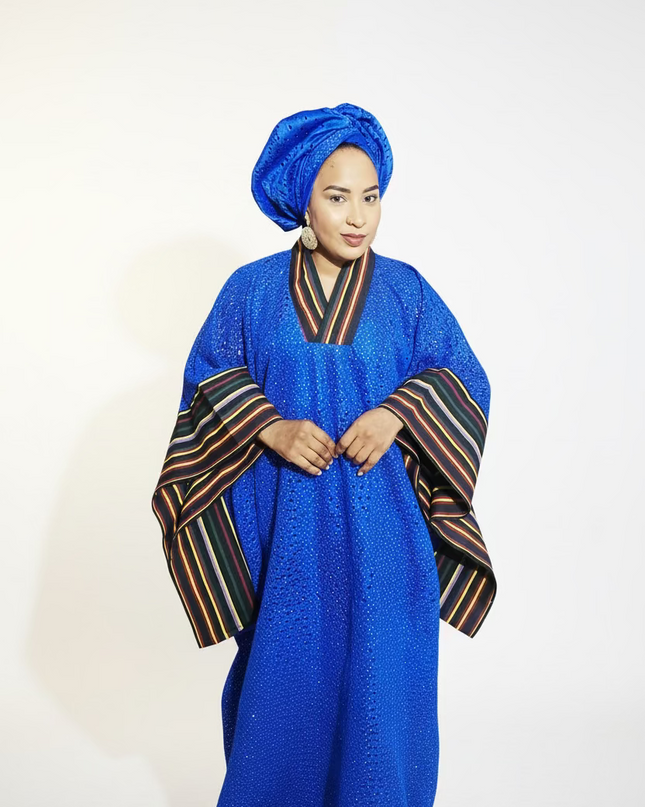 Robe morenike dentelle aso oke - Bleu roi