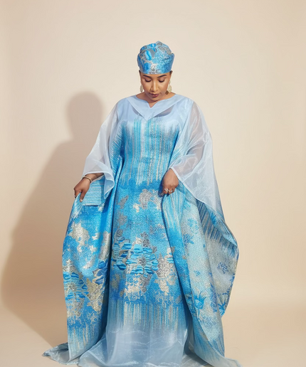 Ensemble amma brocart organza - Bleu