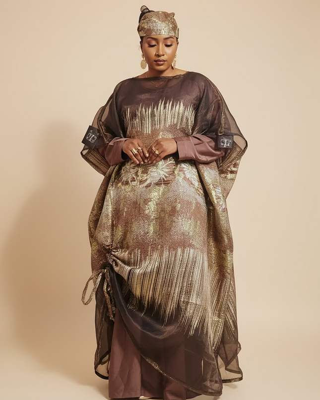 Ensemble amma brocart organza rétractable - Marron