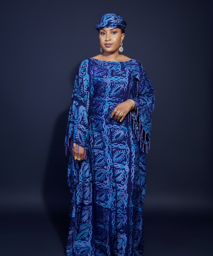 Boubou adire dempé perlé motunrayo - Bleu nuit