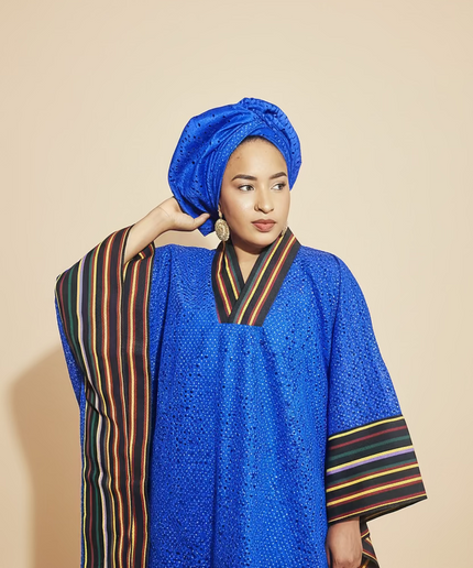 Robe morenike dentelle aso oke - Bleu roi