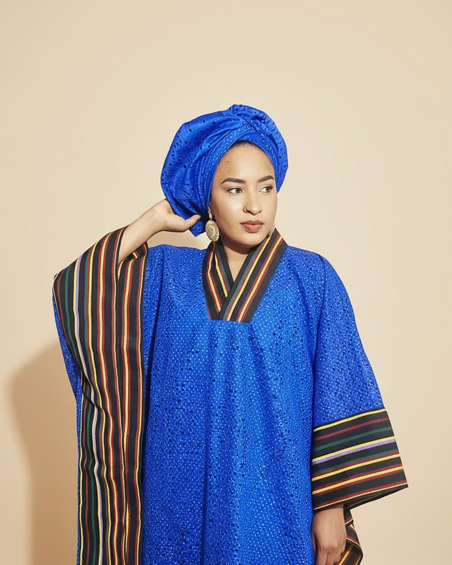 Robe morenike dentelle aso oke - Bleu roi