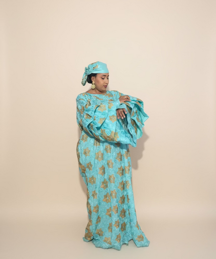 Robe dentelle en manches flûte - Turquoise