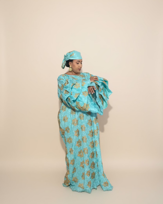 Robe dentelle en manches flûte - Turquoise