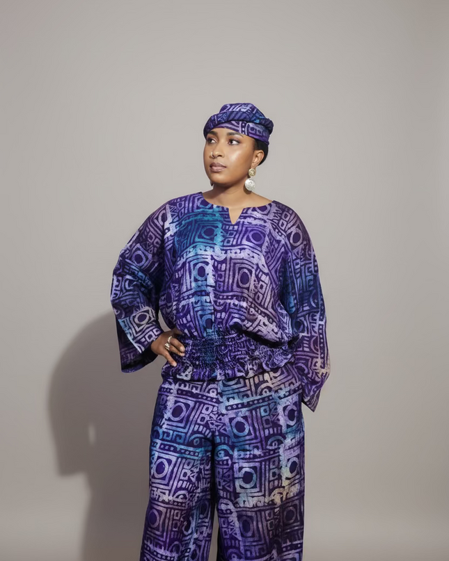 Ensemble pantalon adire folami - Bleu violet