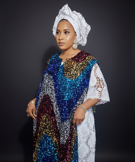 Robe africaine dentelle velours pailleté  - Blanc II