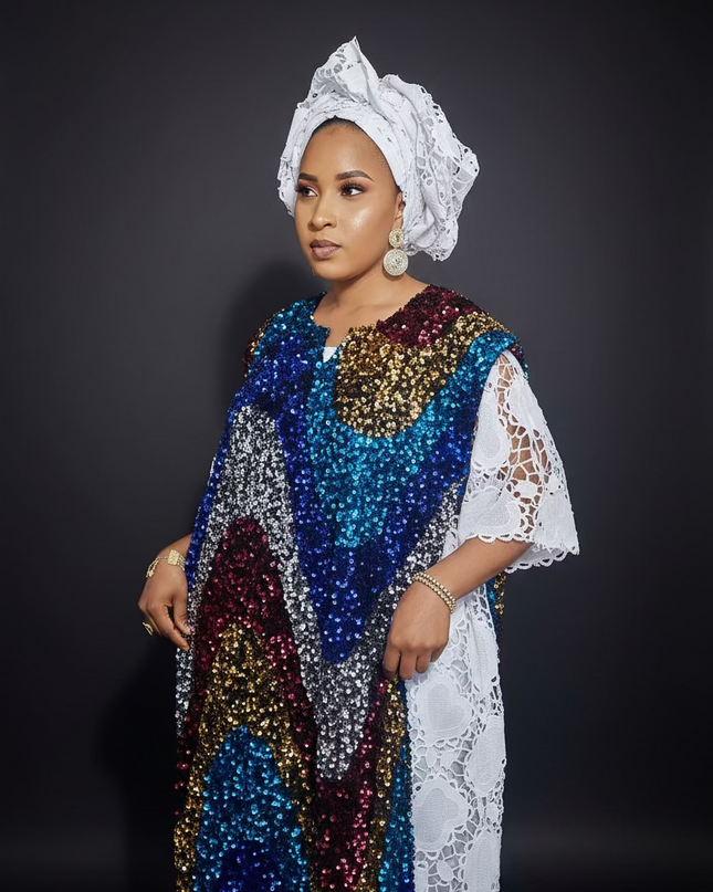 Robe africaine dentelle velours pailleté  - Blanc II