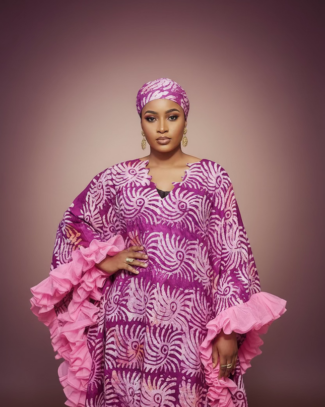 Boubou crepe adire à froufrou - Rose fuchsia