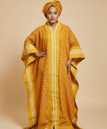 Robe morenike dentelle aso oke - Jaune moutarde