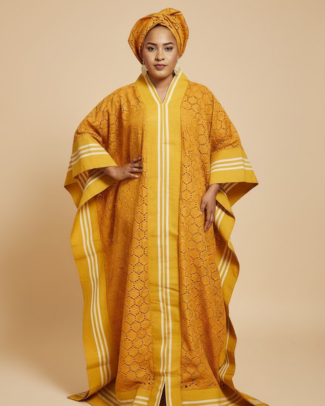 Robe morenike dentelle aso oke - Jaune moutarde