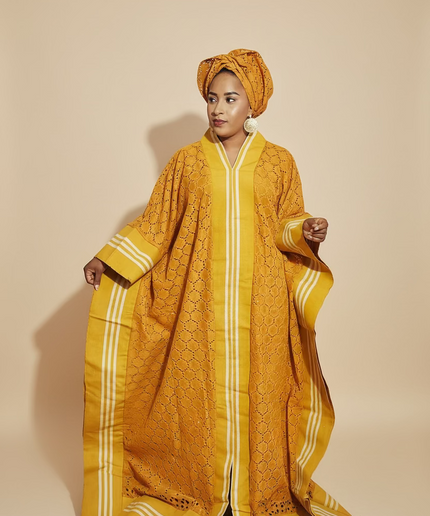 Robe morenike dentelle aso oke - Jaune moutarde