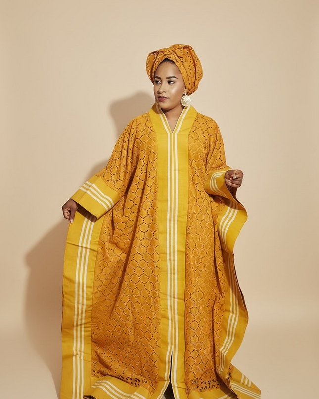 Robe morenike dentelle aso oke - Jaune moutarde