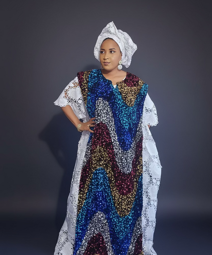Robe africaine dentelle velours pailleté  - Blanc II