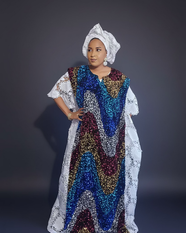 Robe africaine dentelle velours pailleté  - Blanc II