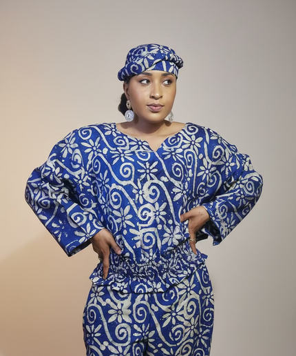 Ensemble pantalon adire folakemi - Bleu blanc