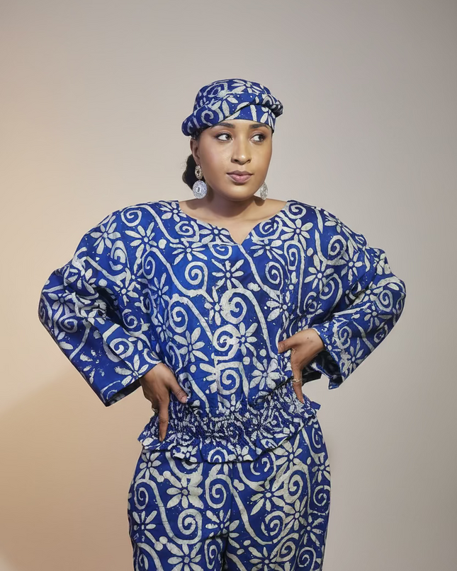 Ensemble pantalon adire folakemi - Bleu blanc