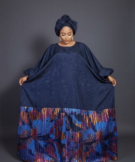 Boubou brocart plissé damask - Bleu nuit