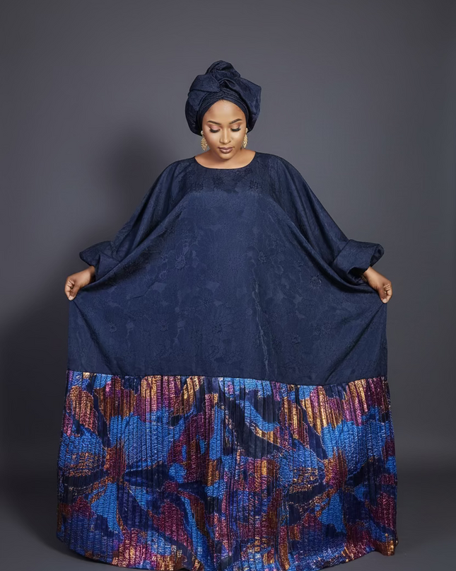 Boubou brocart plissé damask - Bleu nuit