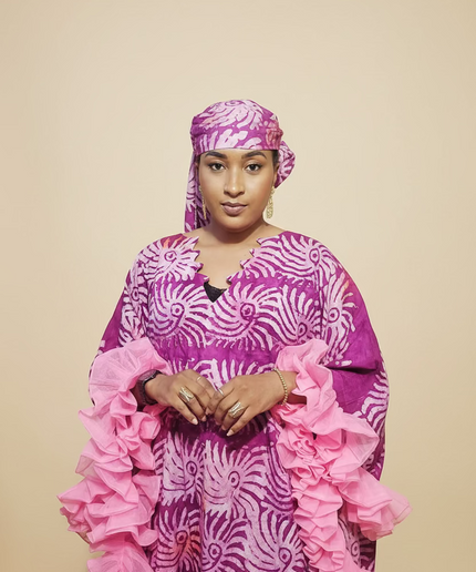 Boubou crepe adire à froufrou - Rose fuchsia