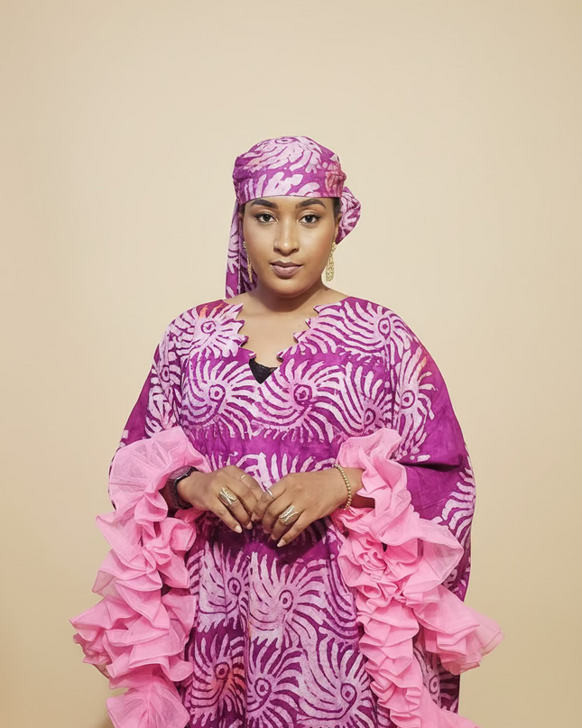 Boubou crepe adire à froufrou - Rose fuchsia