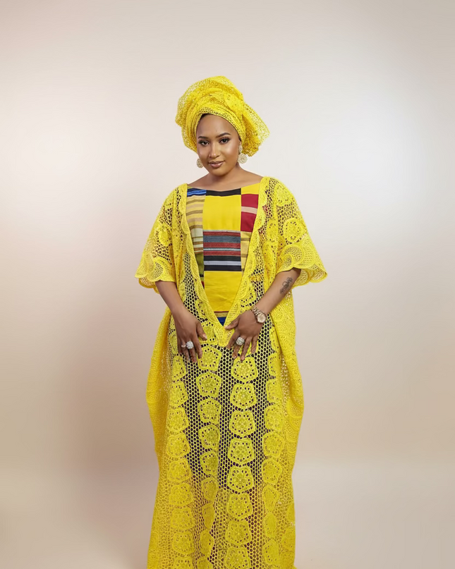 Robe dentelle aso oke - Jaune