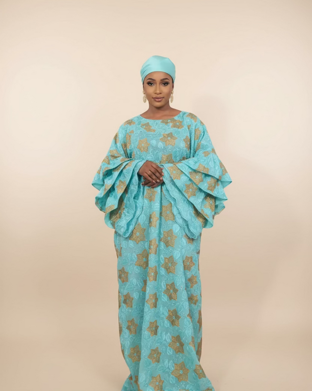 Robe dentelle en manches flûte - Turquoise