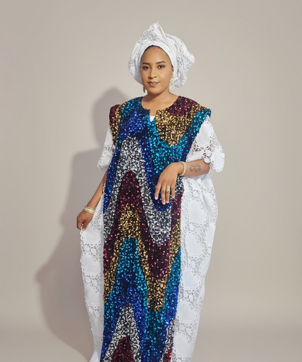 Robe africaine dentelle velours pailleté  - Blanc II