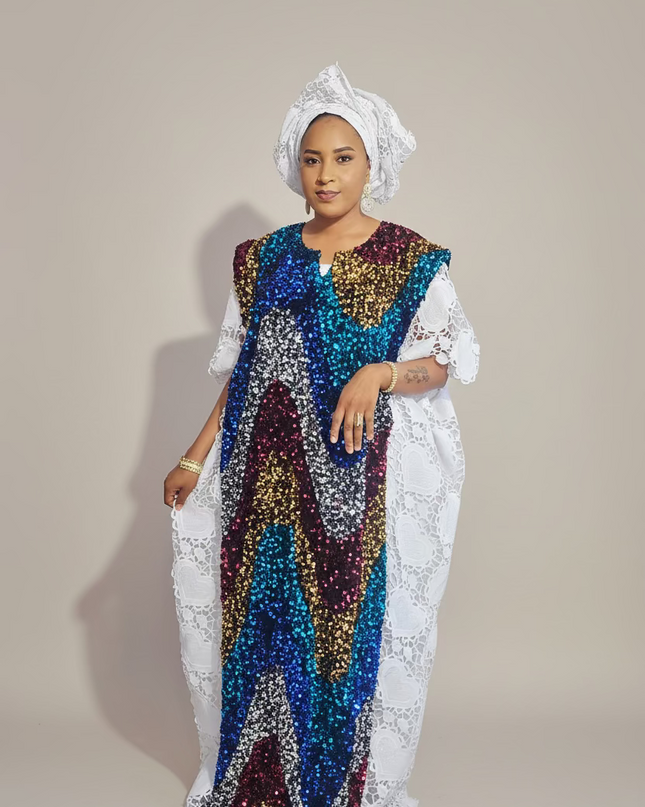 Robe africaine dentelle velours pailleté  - Blanc II