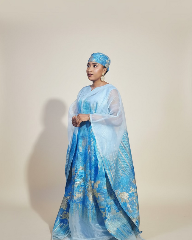 Ensemble amma brocart organza - Bleu