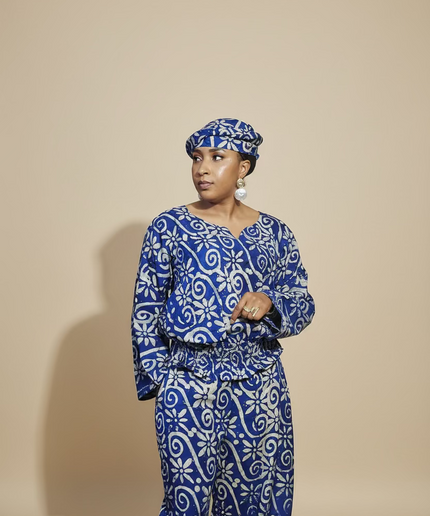 Ensemble pantalon adire folakemi - Bleu blanc