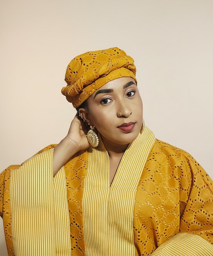Robe morenike dentelle aso oke - Jaune moutarde II