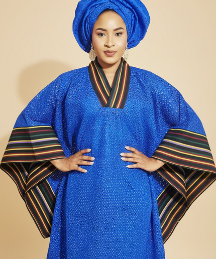 Robe morenike dentelle aso oke - Bleu roi