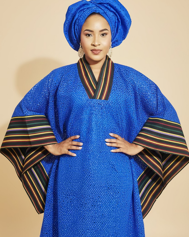 Robe morenike dentelle aso oke - Bleu roi