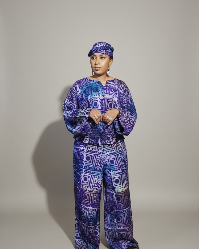 Ensemble pantalon adire folami - Bleu violet