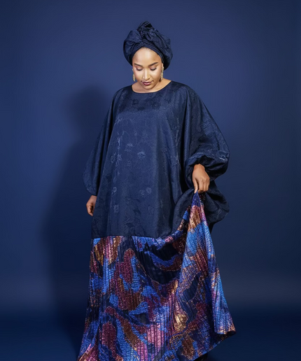 Boubou brocart plissé damask - Bleu nuit