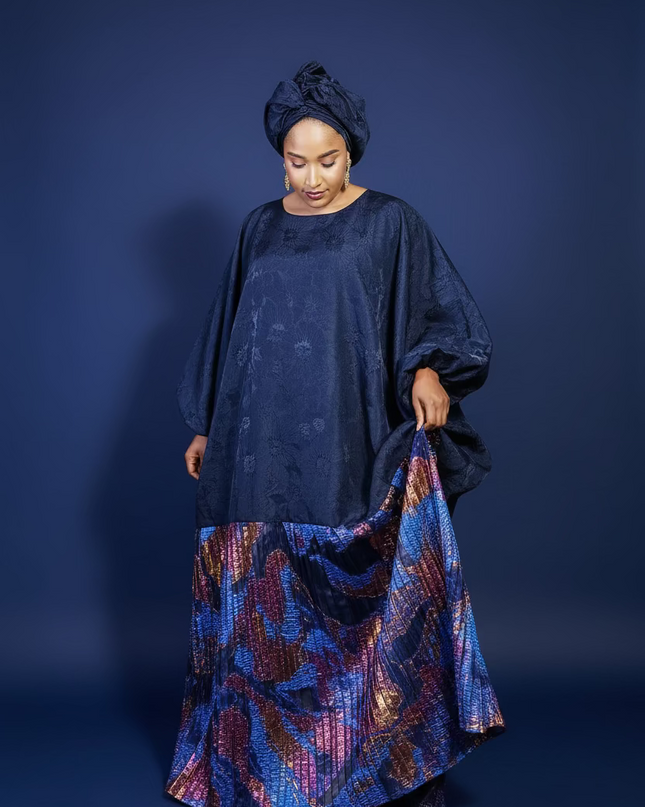 Boubou brocart plissé damask - Bleu nuit