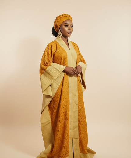 Robe morenike dentelle aso oke - Jaune moutarde II
