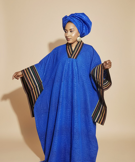 Robe morenike dentelle aso oke - Bleu roi