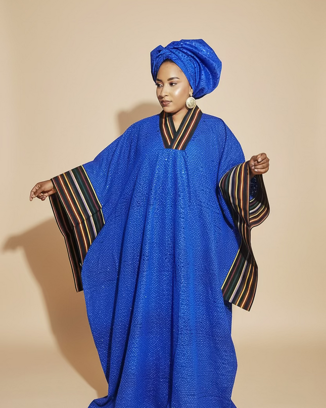 Robe morenike dentelle aso oke - Bleu roi