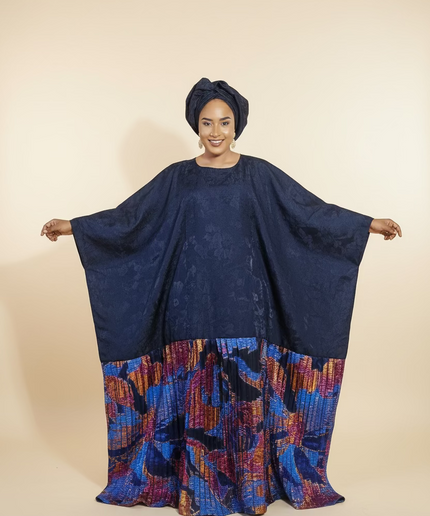 Boubou brocart plissé damask - Bleu nuit