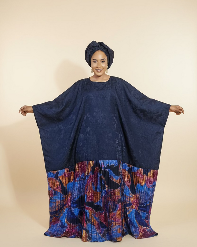 Boubou brocart plissé damask - Bleu nuit