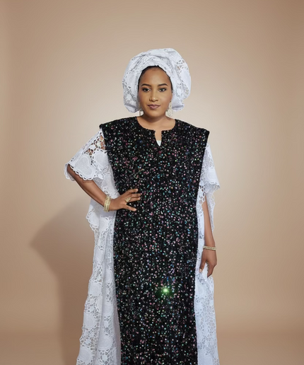 Robe africaine dentelle velours pailleté  - Blanc