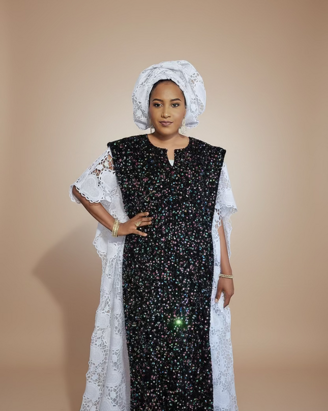 Robe africaine dentelle velours pailleté  - Blanc