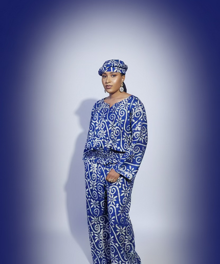 Ensemble pantalon adire folakemi - Bleu blanc
