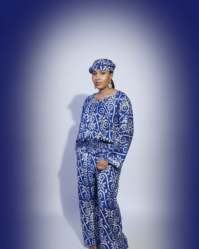 Ensemble pantalon adire folakemi - Bleu blanc