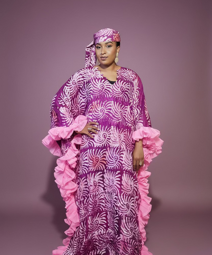 Boubou crepe adire à froufrou - Rose fuchsia
